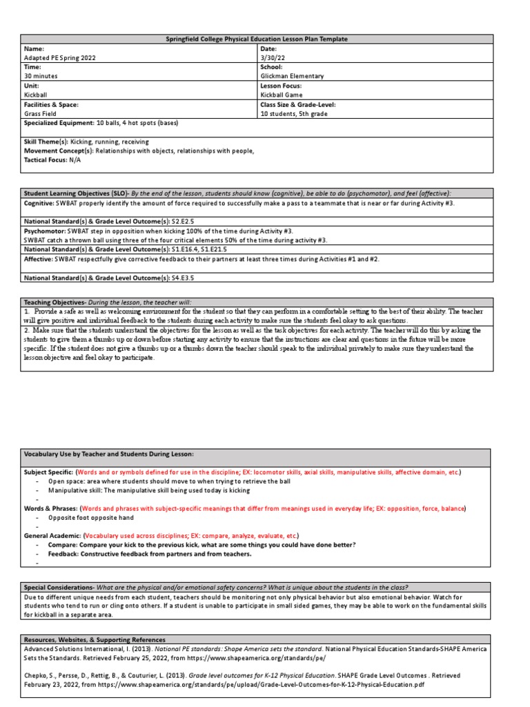 Adapted Group Kickball Lesson Plan PDF Teachers Pitcher
