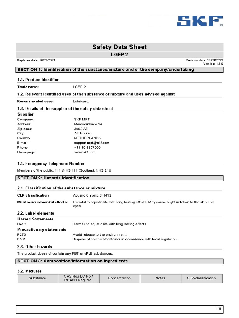 MSDS - SKF Lgep 2 | PDF | Toxicity | Dangerous Goods
