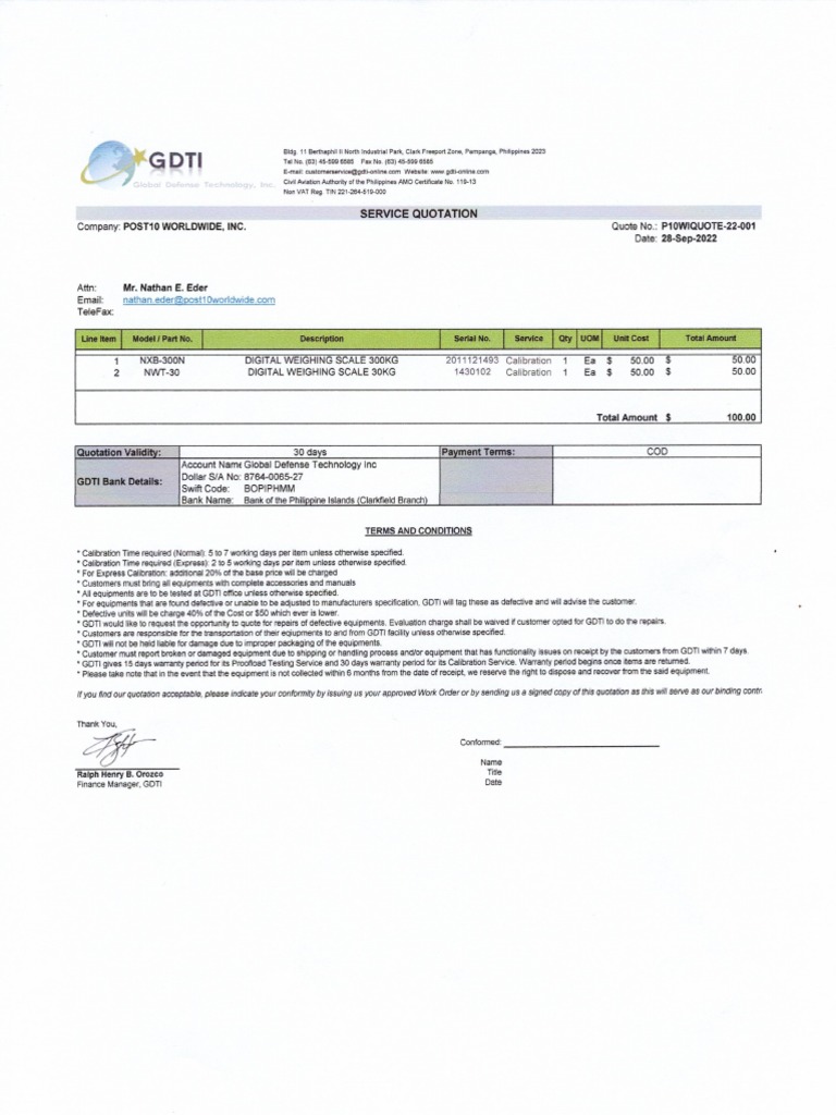 Quotation For Weighing Scale Calibration PDF
