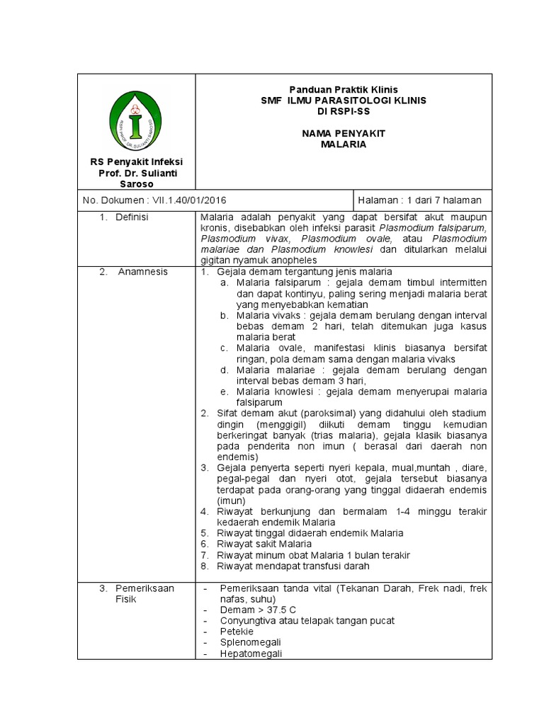 Panduan Klinis Malaria di RSPI-SS | PDF