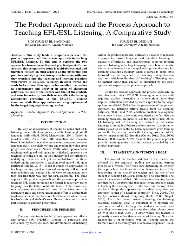 The Product Approach and The Process Approach To Teaching EFLESL ...