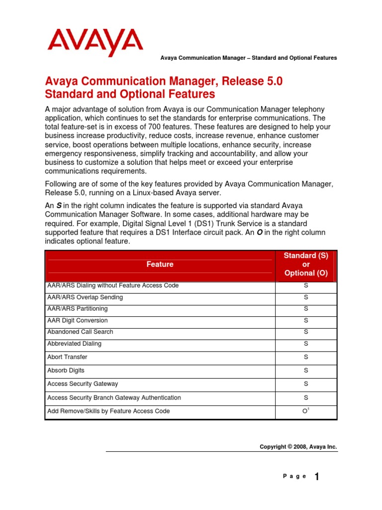 Avaya Communication Manager, Release 5 Standard and Optional Feature