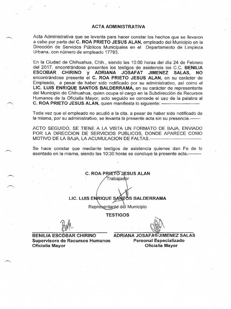 Ejemplo Acta Administrativa Faltas Pdf