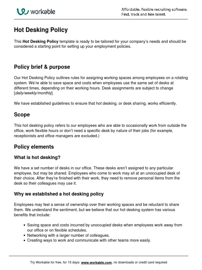 Hot Desking Policy Download Free PDF Employment Desk