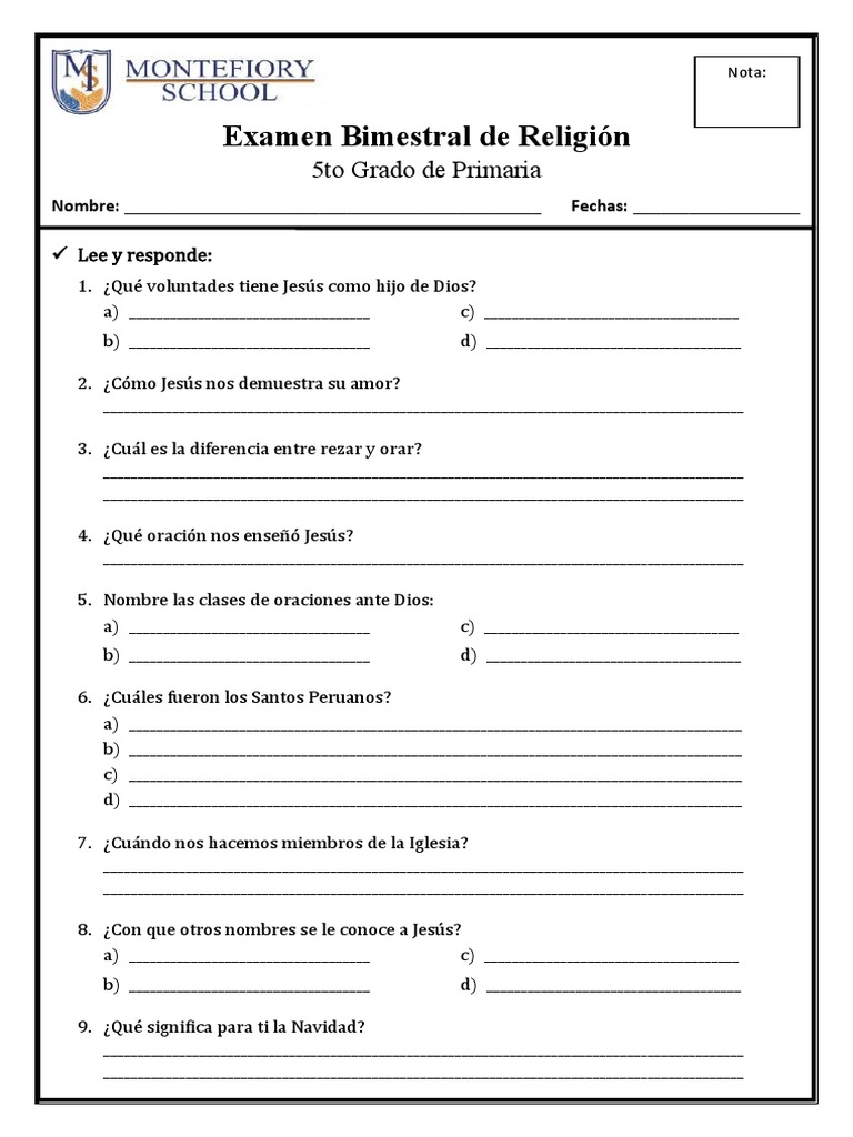 Examen Bimestral de Religión 5to Grado | PDF | Oración
