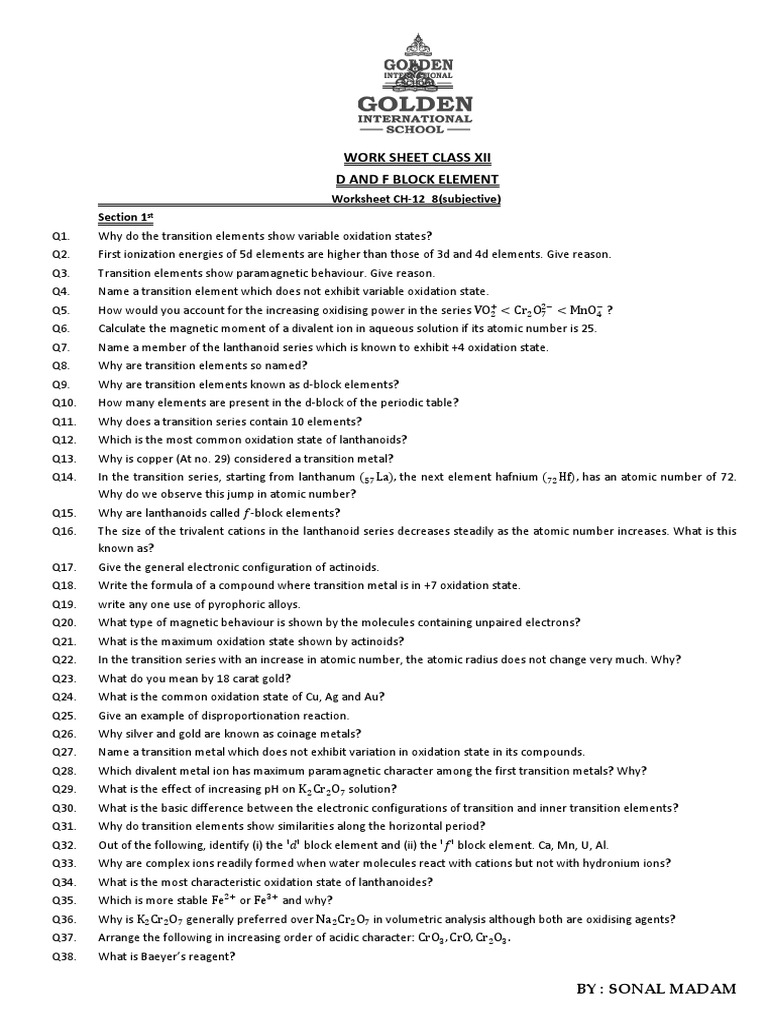 D and F Element PDF Transition Metals Lanthanide