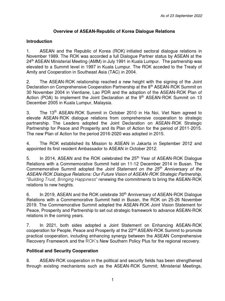 ASEAN-ROK Dialogue Relations Overview | PDF | Global Politics ...