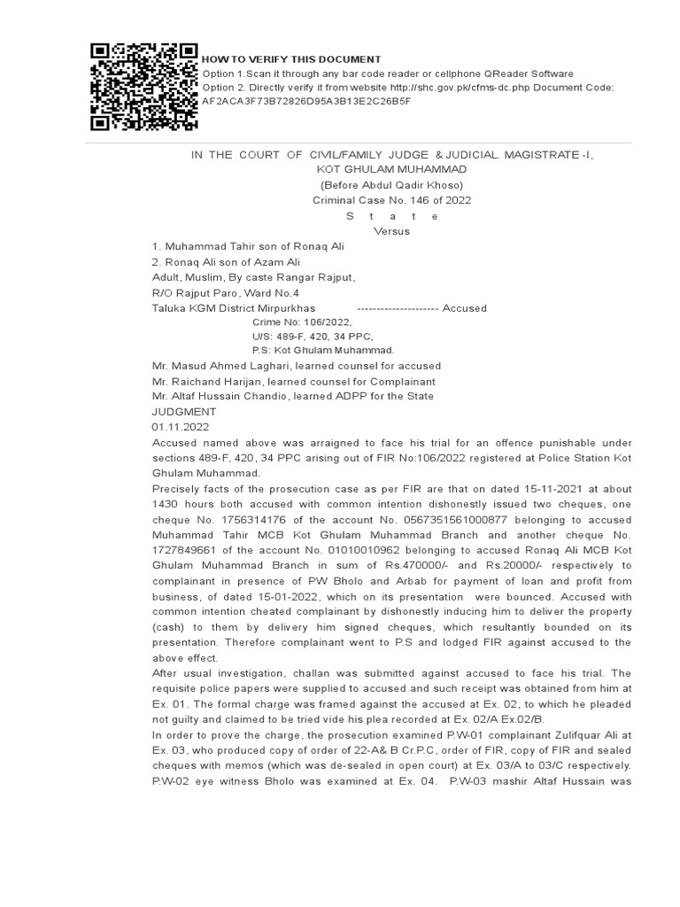 489-F latest Judgment | PDF | Cheque | Witness