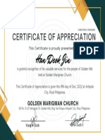 Church certificate appreciation Han Deok Jin Golden Hills services