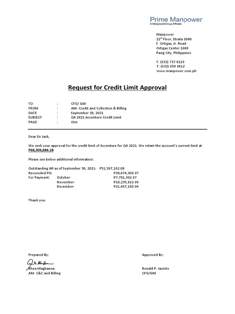 Credit Limit Memo - Accenture | PDF