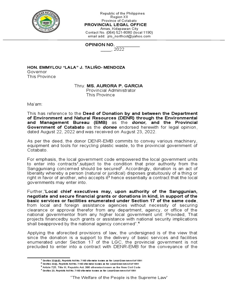 LEGAL OPINION DOD and DENREMB and PLGU COT. PDF Justice Crime