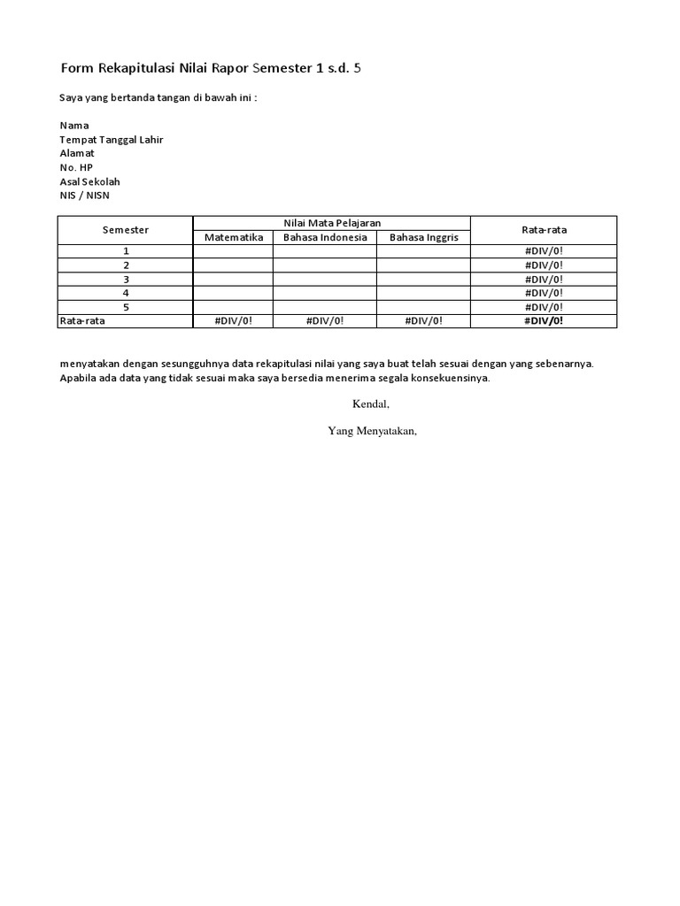Rekapitulasi Nilai Rapor Semester 1-5 | PDF