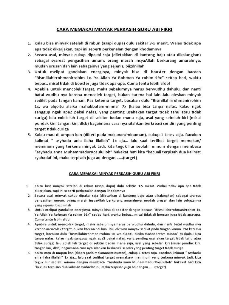 Cara Memakai Minyak Perkasih GR Abi Fikri | PDF