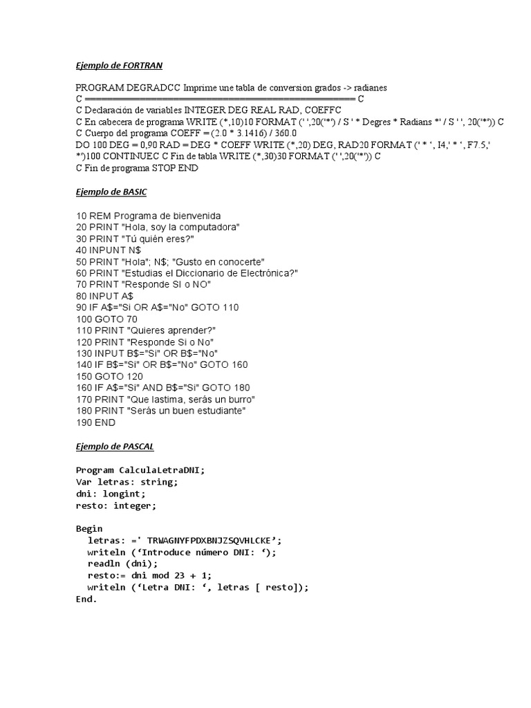 Ejemplos de FORTRAN, BASIC y PASCAL | PDF | Informática