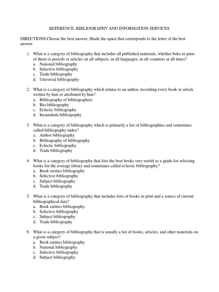 Bibliography and Reference Services Quiz | PDF | Bibliography | Libraries