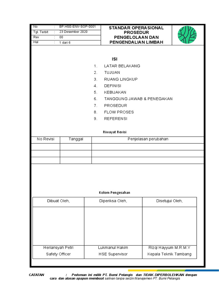 BP - hse-EnV-SOP-0001 Pengelolaan Dan Pengendalian Limbah | PDF