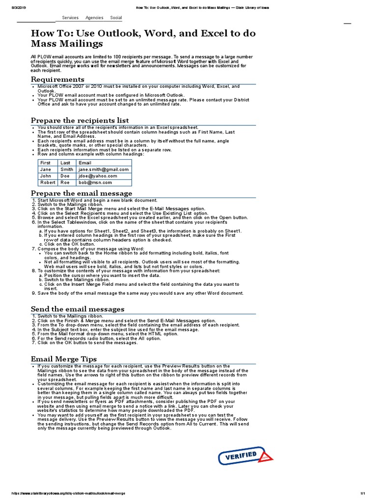 How To Use Outlook, Word, and Excel To Do Mass Mailings State