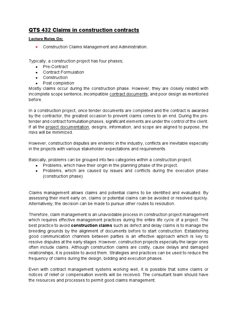Lecture Note Construction Claims Management Pdf Mediation Economies