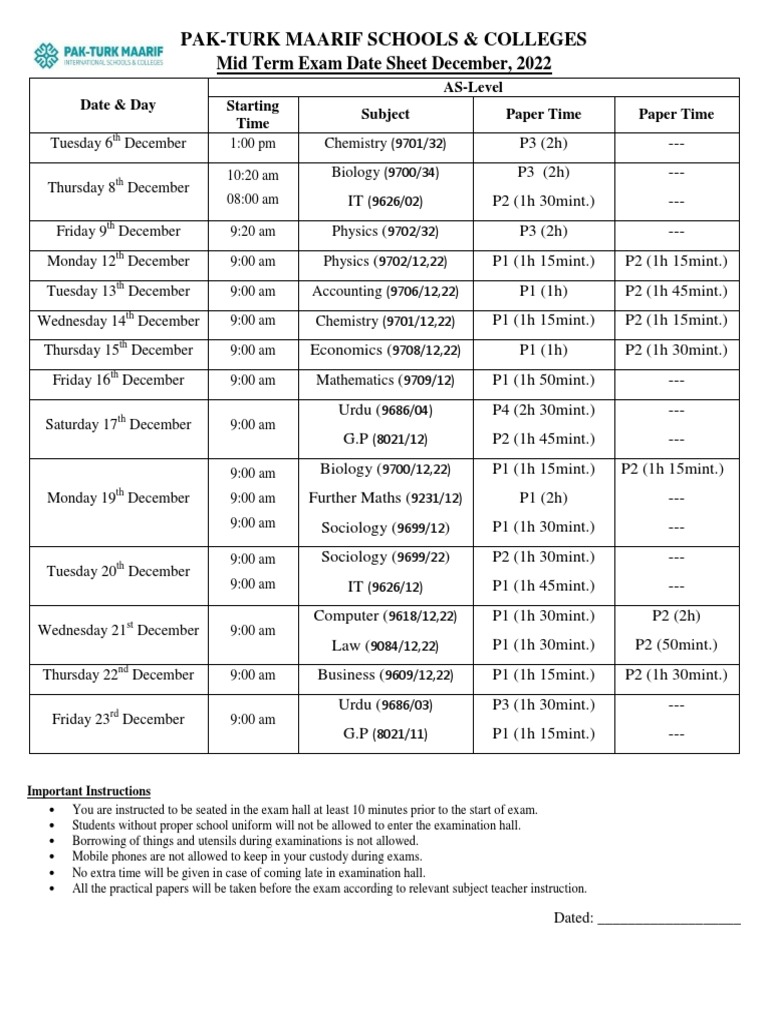 AS December Exam Date Sheet 2022 PDF
