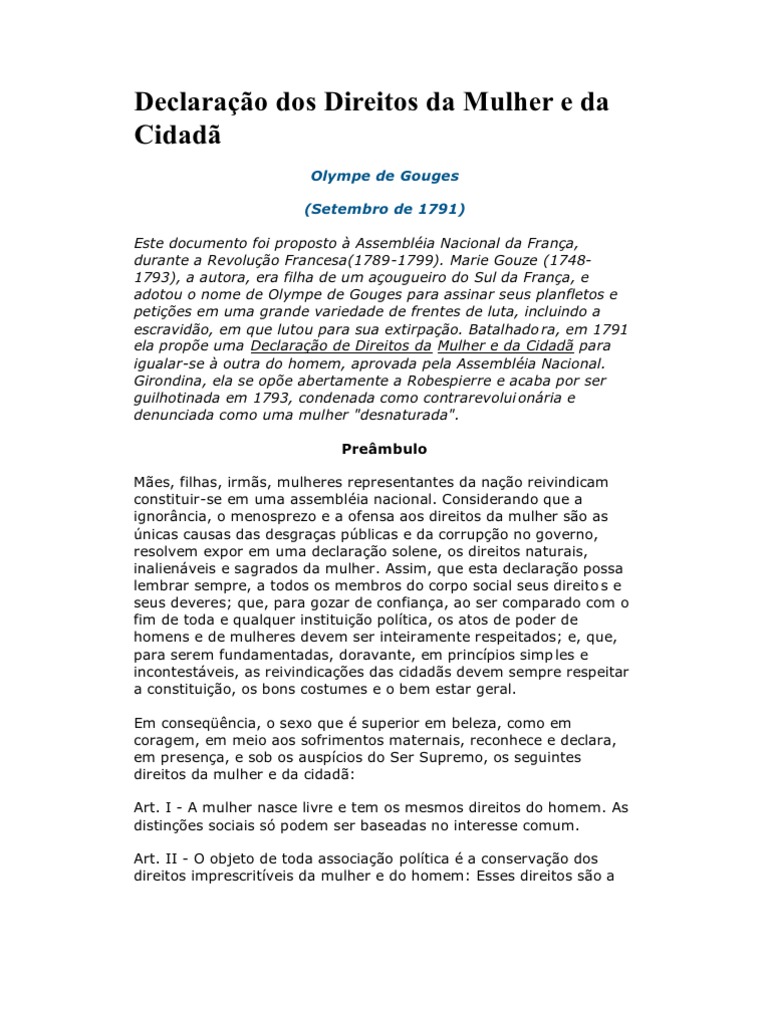 Declaração Dos Direitos Da Mulher e Da Cidadã | Liberdade | Cidadania