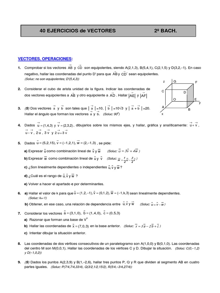 40 Ejercicios De Vectores Para 2o Bachillerato Pdf Vector
