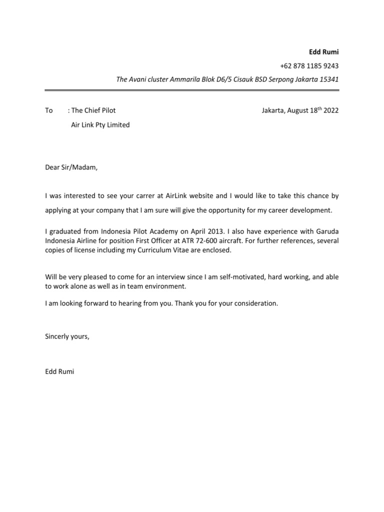 Application Letter Air Link | PDF