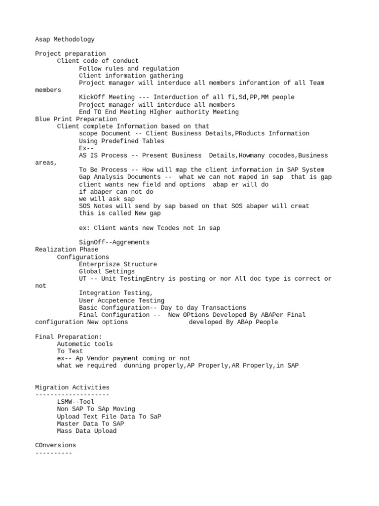 Implementing an asap methodology for project preparation configuration