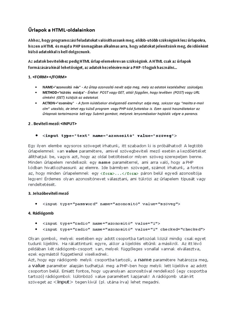 Urlapok A HTML-ben | PDF