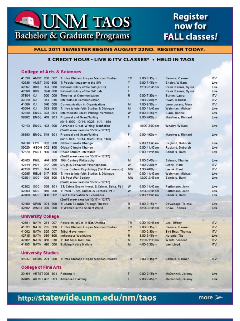 UNM Taos Schedule Fall2011 PDF