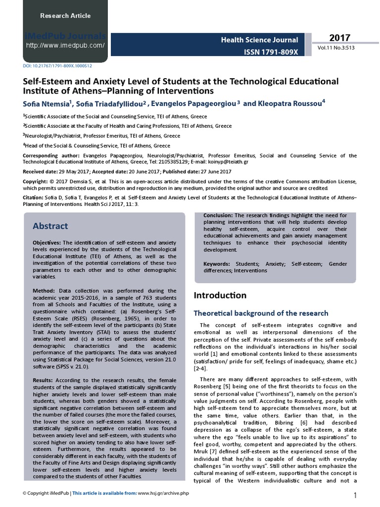 Self-Esteem and Anxiety Level of Students at The Technological | PDF ...