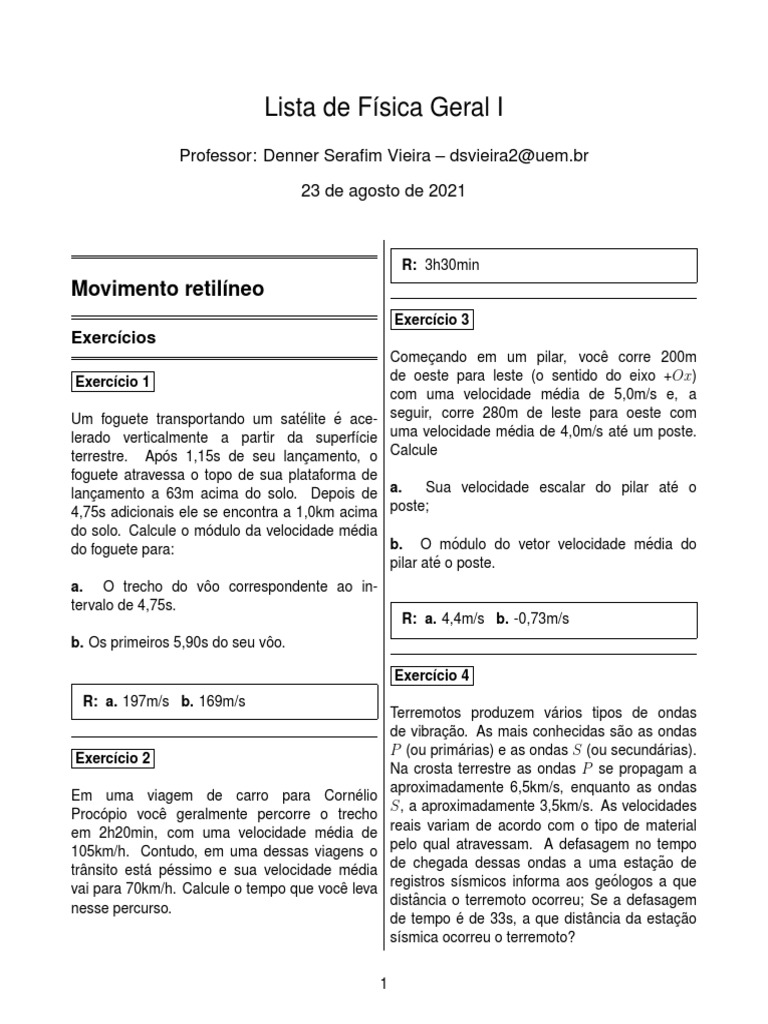Exercicios Lista de Fisica Geral 1 | PDF | Cinemática | Velocidade