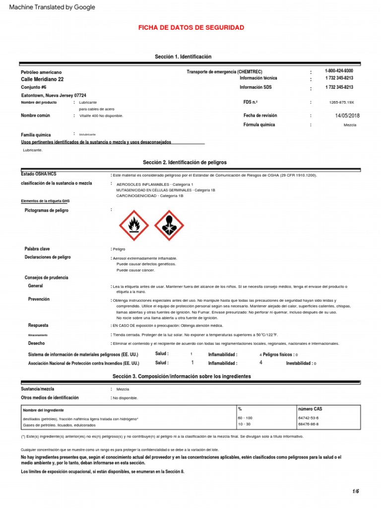 Revised Vitalife 400 5 14 18 Spray Can SDS Sheet PDF Residuos Agua