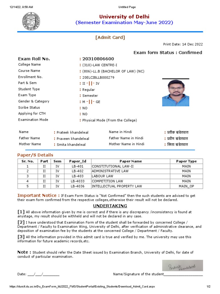 Fourth Grade Admit Card