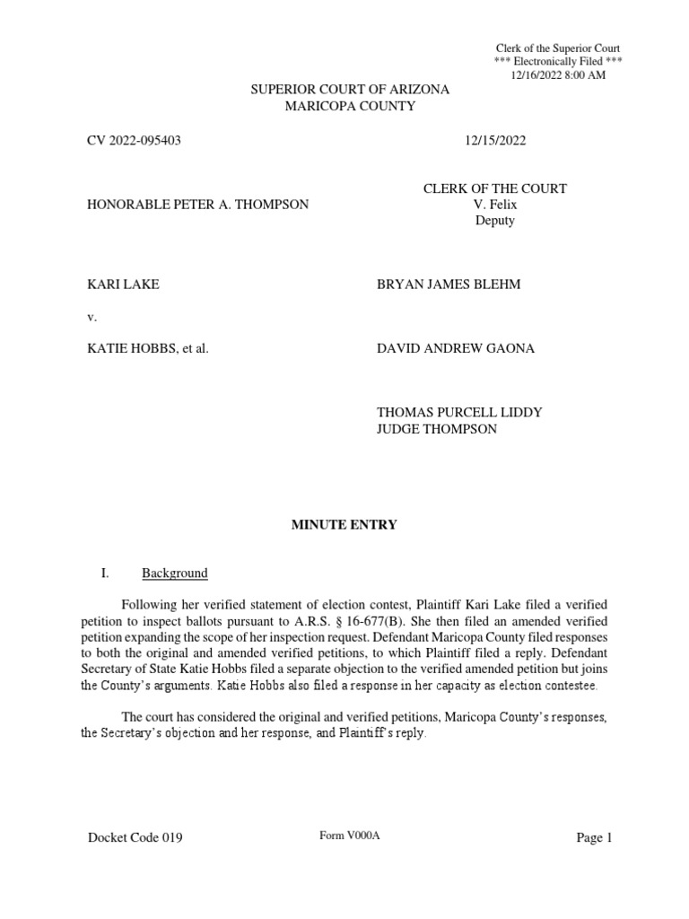 Lake v. Hobbs: Order on Ballot Inspection | PDF | Discovery (Law) | Statutory Interpretation