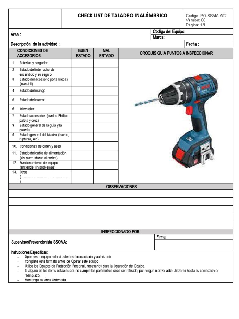 Checklist de Inspección Taladro Inalámbrico | PDF | Perforar