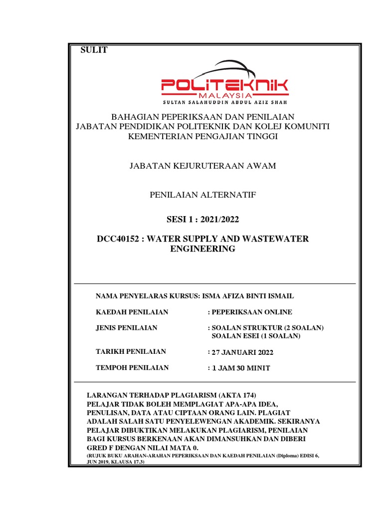 Dcc40152 Water Supply and Wastewater Engineering PDF