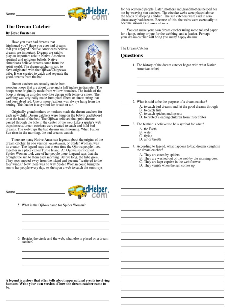 Dream Catcher Worksheets Reading Comp Dream Catcher | PDF | Spider