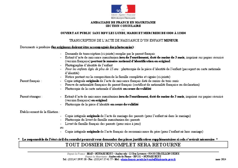 Transcription acte de naissance en Mauritanie | PDF | Certificat de ...