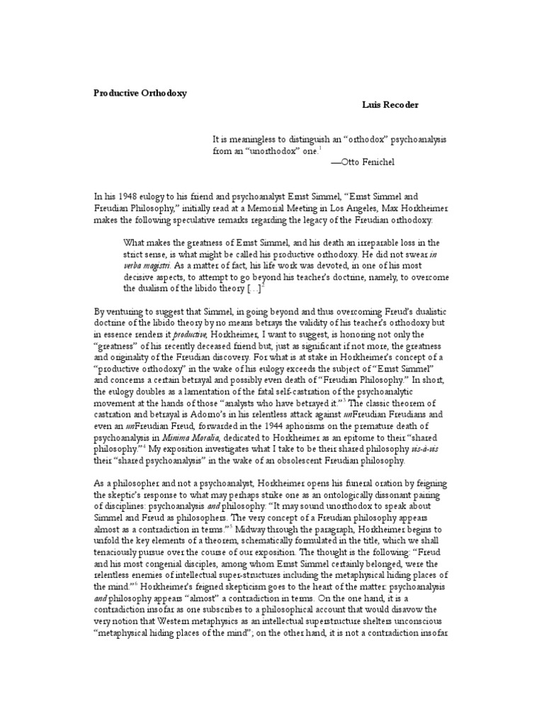 Productive orthodoxy max horkheimer s concept of going beyond freud