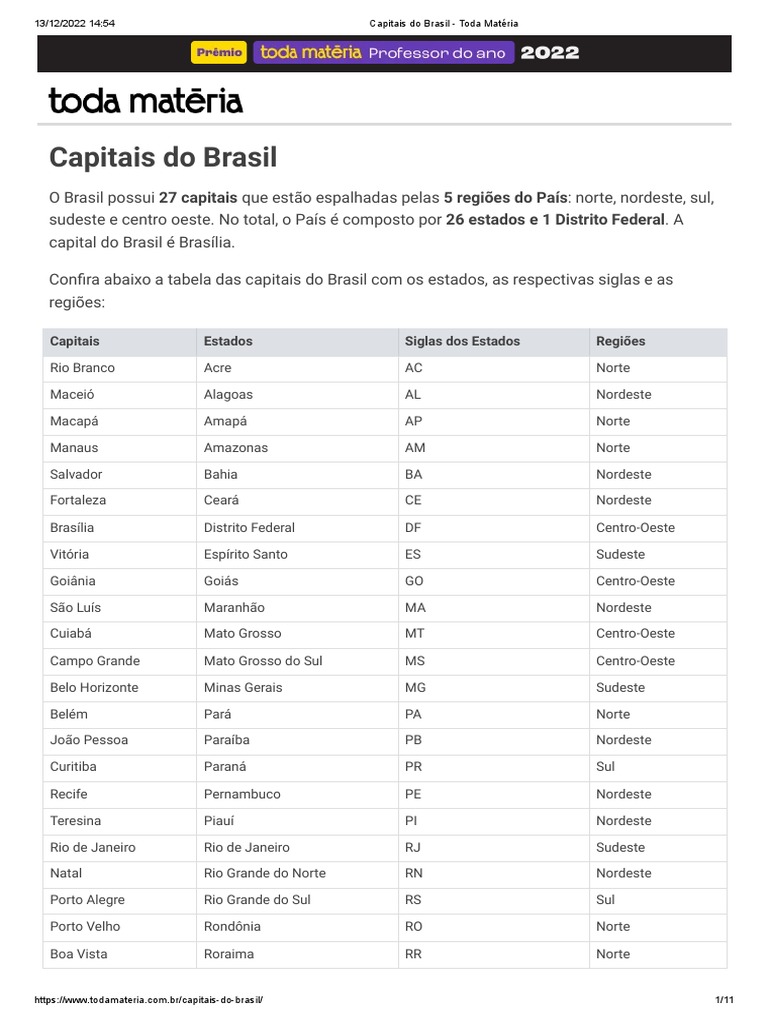 Tabela das Capitais do Brasil | PDF | São Paulo | Brasil