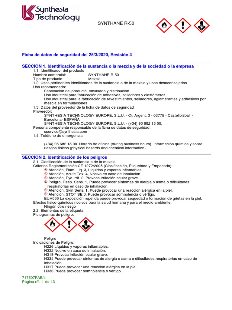 MSDS Synthane R-50 | PDF | Agua | Alergia