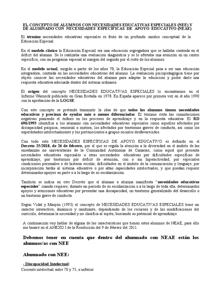 Definición de NEE y NEAE en educación | PDF | Educación especial ...
