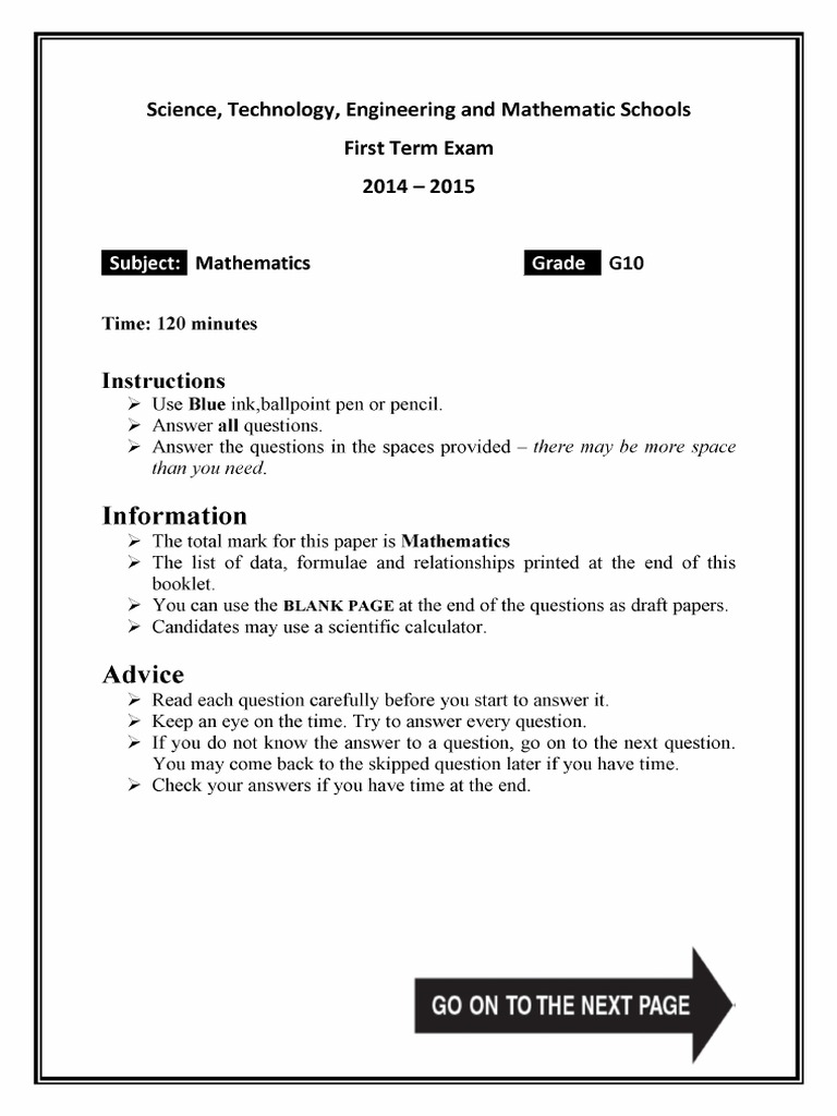 Final. Math. Grade 10 1st Term. 2015 PDF