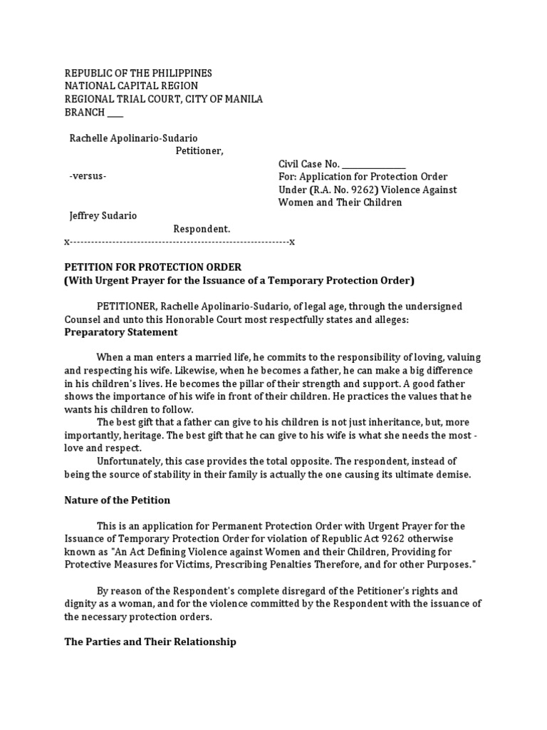 Petition for Temporary Protection Order | PDF | Restraining Order ...