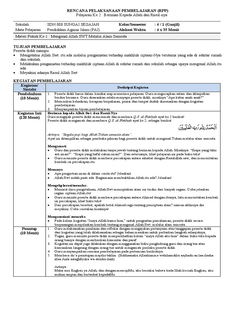 RPP PAI Kelas 4 Semester 1 Merdeka | PDF