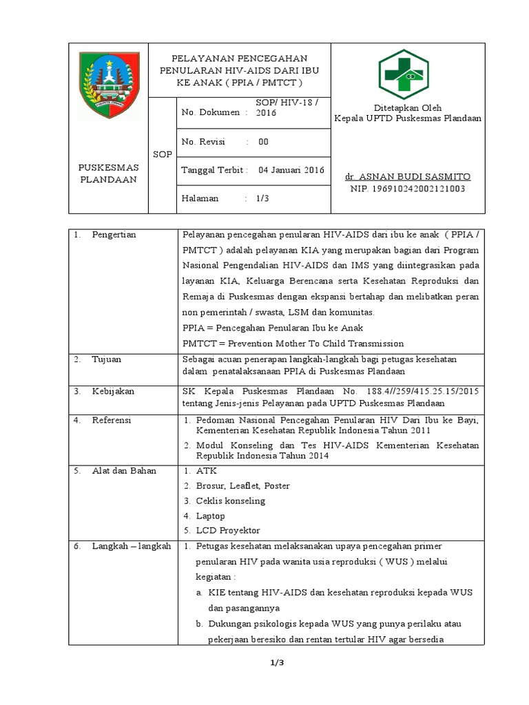 Hiv 18 Sop Pelayanan Pencegahan Penularan Hiv Aids Dari Ibu Ke Anak Pdf