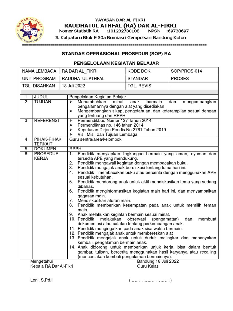 14 Sop Paud Pengelolaan Kegiatan Belajar | PDF