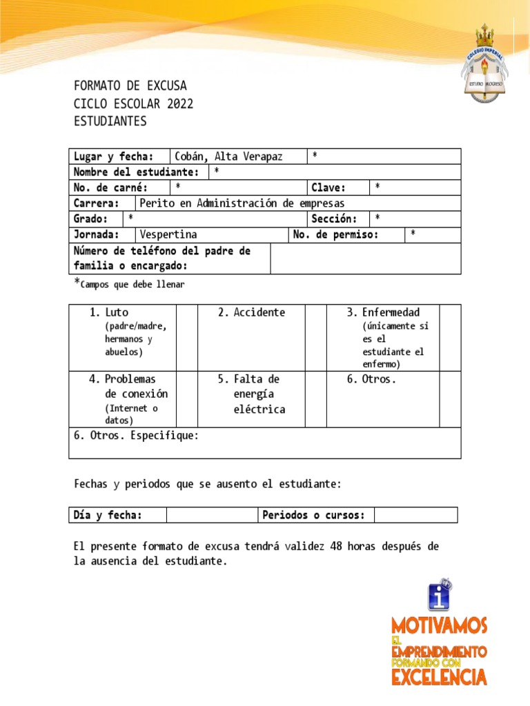 Formato de excusa para ausentismo estudiantil | PDF