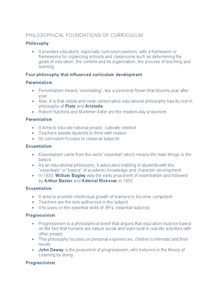 Philosophical Foundations of Curriculum | PDF | Learning | Philosophy ...