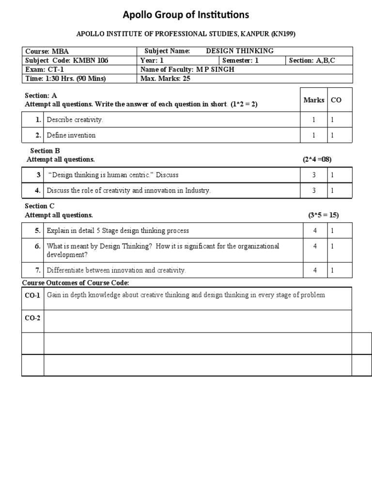 Design Thinking Exam Paper - MBA 1st Sem | PDF | Art